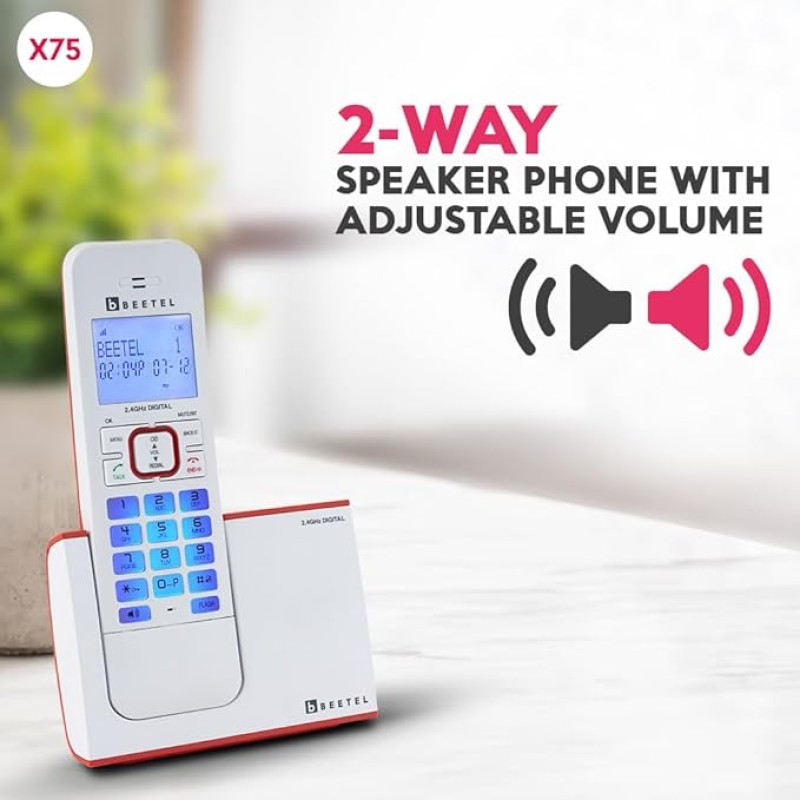 Beetel X75 2.4Ghz Cordless Landline Phone,Dual Mode DTMF/FSK,1 Line 7segment LCD Display & Blue LED Backlit,Illuminated Keypad,2 Way Speaker Phone,6 Step Ringer Volume Control(Red/White)(X75) Beetel X75 2.4Ghz Cordless Landline Phone,Dual Mode DTMF/FSK,1 Line 7segment LCD Display & Blue LED Backlit,Illuminated Keypad,2 Way Speaker Phone,6 Step Ringer Volume Control(Red/White)(X75)