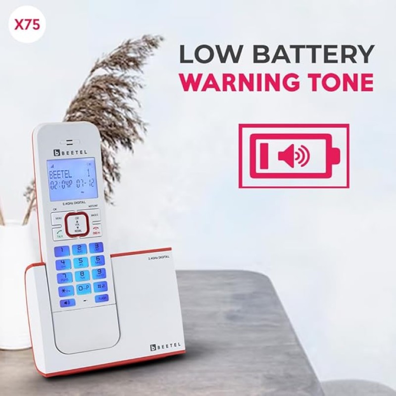 Beetel X75 2.4Ghz Cordless Landline Phone,Dual Mode DTMF/FSK,1 Line 7segment LCD Display & Blue LED Backlit,Illuminated Keypad,2 Way Speaker Phone,6 Step Ringer Volume Control(Red/White)(X75) Beetel X75 2.4Ghz Cordless Landline Phone,Dual Mode DTMF/FSK,1 Line 7segment LCD Display & Blue LED Backlit,Illuminated Keypad,2 Way Speaker Phone,6 Step Ringer Volume Control(Red/White)(X75)