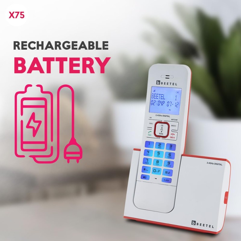 Beetel X75 2.4Ghz Cordless Landline Phone,Dual Mode DTMF/FSK,1 Line 7segment LCD Display & Blue LED Backlit,Illuminated Keypad,2 Way Speaker Phone,6 Step Ringer Volume Control(Red/White)(X75) Beetel X75 2.4Ghz Cordless Landline Phone,Dual Mode DTMF/FSK,1 Line 7segment LCD Display & Blue LED Backlit,Illuminated Keypad,2 Way Speaker Phone,6 Step Ringer Volume Control(Red/White)(X75)