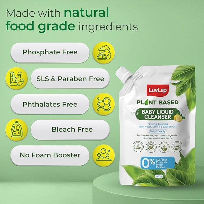 Luvlap Plant Based Liquid Cleanser, Refill pack- 1000ml, With Neem, Lemon & Basil, For Feeding Accessories, Toys, Fruits & Vegetables, 100% Food Grade, Free From Bleach & SLS Luvlap Plant Based Liquid Cleanser, Refill pack- 1000ml, With Neem, Lemon & Basil, For Feeding Accessories, Toys, Fruits & Vegetables, 100% Food Grade, Free From Bleach & SLS