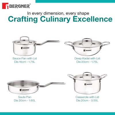 Bergner TriPro TriPly Stainless Steel 7 Pcs Cookware Set - 20cm Deep Kadai (1.5 L), 20cm Sautepan (1.2 L), 16cm Saucepan (1.7 L), 20cm Casserole (3 L), 3 Stainless Steel Lids, Induction Bottom, Silver Bergner TriPro TriPly Stainless Steel 7 Pcs Cookware Set - 20cm Deep Kadai (1.5 L), 20cm Sautepan (1.2 L), 16cm Saucepan (1.7 L), 20cm Casserole (3 L), 3 Stainless Steel Lids, Induction Bottom, Silver