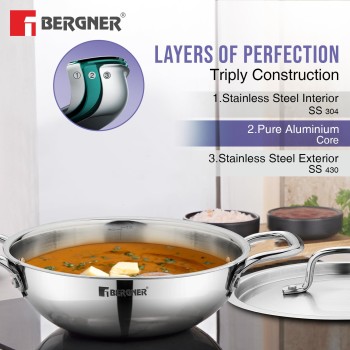 Bergner TriPro TriPly Stainless Steel 7 Pcs Cookware Set - 20cm Deep Kadai (1.5 L), 20cm Sautepan (1.2 L), 16cm Saucepan (1.7 L), 20cm Casserole (3 L), 3 Stainless Steel Lids, Induction Bottom, Silver