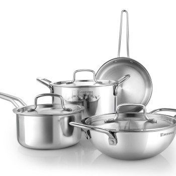 Bergner TriPro TriPly Stainless Steel 7 Pcs Cookware Set - 20cm Deep Kadai (1.5 L), 20cm Sautepan (1.2 L), 16cm Saucepan (1.7 L), 20cm Casserole (3 L), 3 Stainless Steel Lids, Induction Bottom, Silver