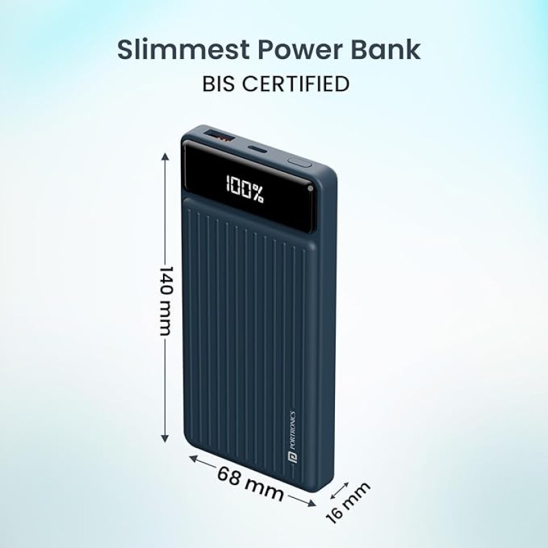 Portronics Luxcell B 10K 10000 mAh 22.5W Fast Charging Power Bank, Ultra Slim Power Bank with Mach USB-A Output, Type C PD Output, Type C Input, Wake Up Button(Dark Blue) Portronics Luxcell B 10K 10000 mAh 22.5W Fast Charging Power Bank, Ultra Slim Power Bank with Mach USB-A Output, Type C PD Output, Type C Input, Wake Up Button(Dark Blue)