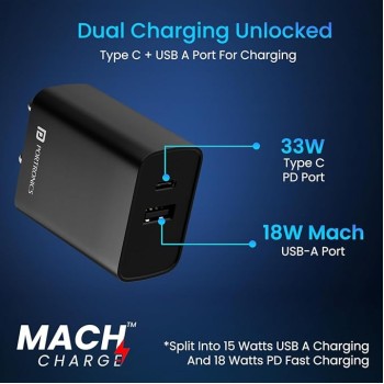 Portronics Adapto 70 33W Fast Charger Adapter with Dual Output (USB + Type C) Supports PPS Charging Via Type C Port, 27W Dash, Warp 27W, Dart, Super Dart 27W(Black) Portronics Adapto 70 33W Fast Charger Adapter with Dual Output (USB + Type C) Supports PPS Charging Via Type C Port, 27W Dash, Warp 27W, Dart, Super Dart 27W(Black)