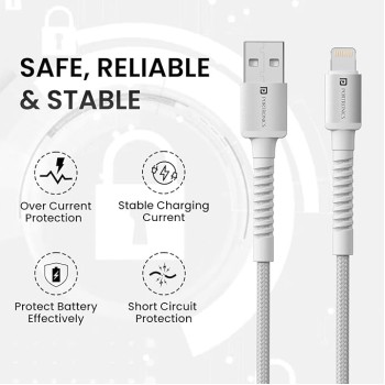 Portronics Konnect X USB to 8 Pin Cable with 3A Output, Fast Charging & Data Transfer, Nylon Braided, Aluminium Alloy Shell, 1M Length compatible with 8 PIN Devices(White) Portronics Konnect X USB to 8 Pin Cable with 3A Output, Fast Charging & Data Transfer, Nylon Braided, Aluminium Alloy Shell, 1M Length compatible with 8 PIN Devices(White)