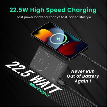 Portronics Luxcell Wireless Mini 10k 10000mAh 15W Magnetic Wireless Fast Charging Nano Power Bank with 22.5 Wired Output Compatible with iPhone 12 & Above & Other QI Enabled Devices(Black) Portronics Luxcell Wireless Mini 10k 10000mAh 15W Magnetic Wireless Fast Charging Nano Power Bank with 22.5 Wired Output Compatible with iPhone 12 & Above & Other QI Enabled Devices(Black)