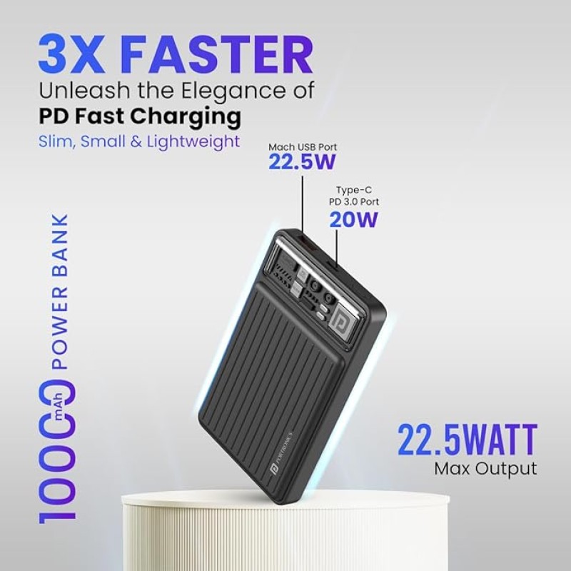 Portronics Luxcell Mini 10K Advanced 10000 mAh Nano Power Bank with 22.5W Max Output, LED Indicator, Mach USB-A Output, Type C PD Output, Type C Input, Wake Up Button(Black) Portronics Luxcell Mini 10K Advanced 10000 mAh Nano Power Bank with 22.5W Max Output, LED Indicator, Mach USB-A Output, Type C PD Output, Type C Input, Wake Up Button(Black)