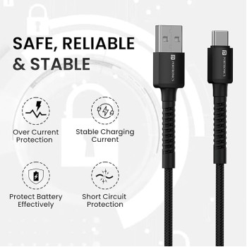 Portronics Konnect X 3A Unbreakable Nylon Braided USB to Type C Fast Charging Cable 2M Long, Supports All Type C Smartphones and Devices(Black)