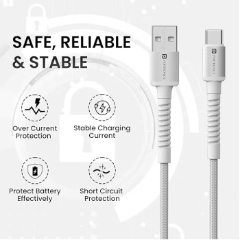 Portronics Konnect X 3A Unbreakable Nylon Braided USB to Type C Fast Charging Cable 2M Long, Supports All Type C Smartphones and Devices(White)