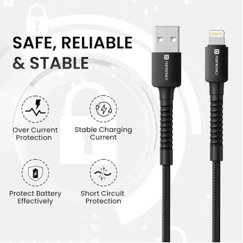 Portronics Konnect X USB to 8 Pin/Lightning Fast Charging Cable with 3A Output,Data Sync,Nylon Braided, Aluminium Alloy Shell, Compatible With iPhone 14,13,12,11, X, 8 Pro/Pro Max Series, iPad (Black) Portronics Konnect X USB to 8 Pin/Lightning Fast Charging Cable with 3A Output,Data Sync,Nylon Braided, Aluminium Alloy Shell, Compatible With iPhone 14,13,12,11, X, 8 Pro/Pro Max Series, iPad (Black)