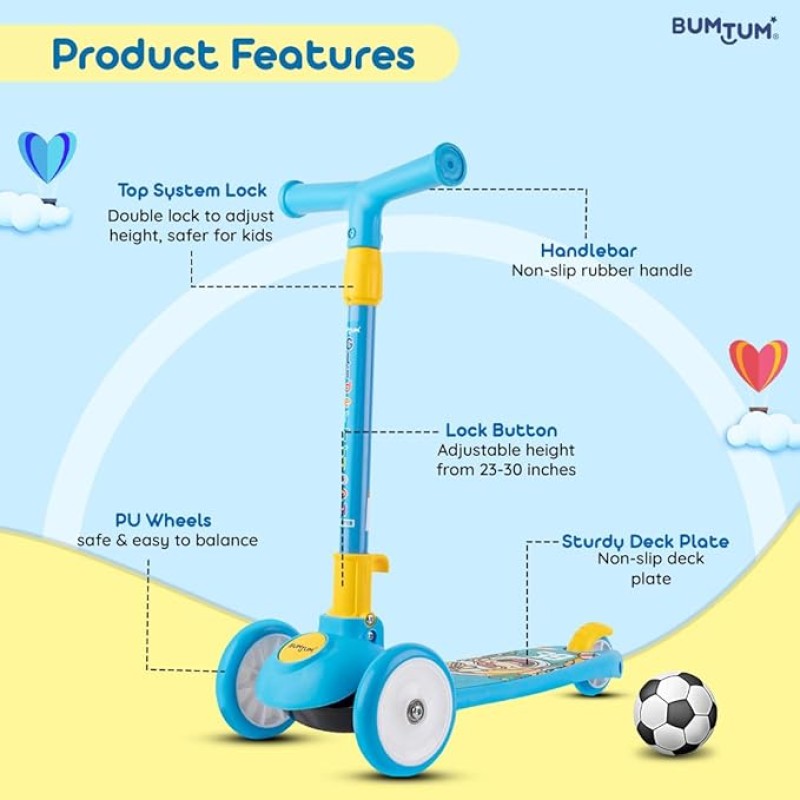 BUMTUM Smart Kick Scooter for Kids | 3 Adjustable Height Scooter, Foldable & Attractive PVC Wheels with Rare Brakes for Boys & Girls Age 5 Years (Blue) BUMTUM Smart Kick Scooter for Kids | 3 Adjustable Height Scooter, Foldable & Attractive PVC Wheels with Rare Brakes for Boys & Girls Age 5 Years (Blue)