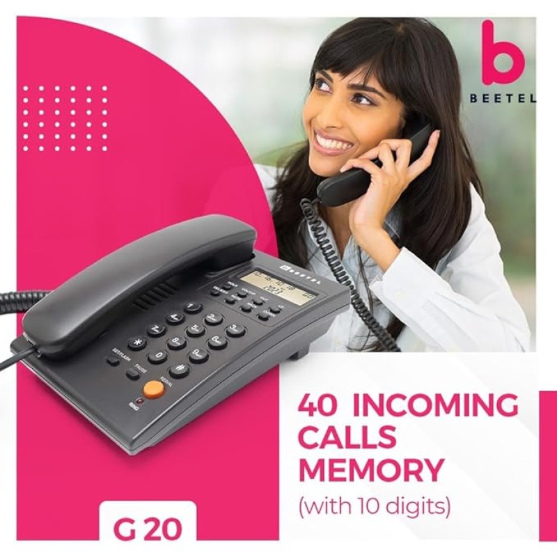 Beetel G20,TEC Certified,Caller ID Phone LCD Display, Ringer LED, DTMF/FSK Compatible, Adjustable Handset/Ringer Volume,Music on Hold,Desk/Wall Mountable,3 Level LCD Contrast,Alarm(Black) Beetel G20,TEC Certified,Caller ID Phone LCD Display, Ringer LED, DTMF/FSK Compatible, Adjustable Handset/Ringer Volume,Music on Hold,Desk/Wall Mountable,3 Level LCD Contrast,Alarm(Black)