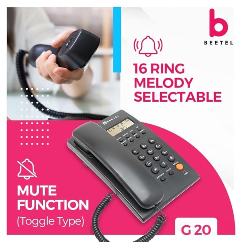Beetel G20,TEC Certified,Caller ID Phone LCD Display, Ringer LED, DTMF/FSK Compatible, Adjustable Handset/Ringer Volume,Music on Hold,Desk/Wall Mountable,3 Level LCD Contrast,Alarm(Black) Beetel G20,TEC Certified,Caller ID Phone LCD Display, Ringer LED, DTMF/FSK Compatible, Adjustable Handset/Ringer Volume,Music on Hold,Desk/Wall Mountable,3 Level LCD Contrast,Alarm(Black)