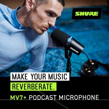 Shure MV7+ Podcast Microphone with Stand. Enhanced Audio, LED Touch Panel, USB-C & XLR Outputs, Auto Level Mode, Digital Pop Filter, Reverb Effects, Podcasting, Streaming, Recording - Black