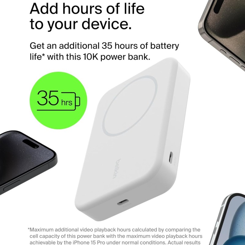 Belkin Qi2 10000 mAh Magsafe Wireless Power Bank | 15W Wireless Fast Charging, Compatible w/iPhone 17, Air, Pro, Pro Max, Google Pixel 10, etc. | 2 Years Warranty | White Belkin Qi2 10000 mAh Magsafe Wireless Power Bank | 15W Wireless Fast Charging, Compatible w/iPhone 17, Air, Pro, Pro Max, Google Pixel 10, etc. | 2 Years Warranty | White