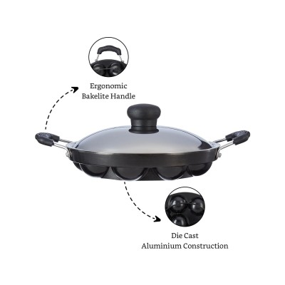 Solimo Die Cast Aluminium Nonstick Appam Patra/Paniyarakkal with Ss Lid 12 Cup with Side Handle, Black Solimo Die Cast Aluminium Nonstick Appam Patra/Paniyarakkal with Ss Lid 12 Cup with Side Handle, Black