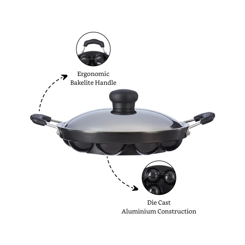 Solimo Die Cast Aluminium Nonstick Appam Patra/Paniyarakkal with Ss Lid 12 Cup with Side Handle, Black Solimo Die Cast Aluminium Nonstick Appam Patra/Paniyarakkal with Ss Lid 12 Cup with Side Handle, Black