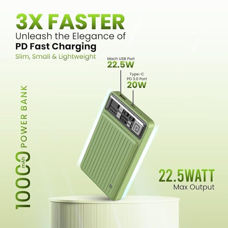 Portronics Luxcell Mini 10K Advanced 10000 mAh Nano Power Bank with 22.5W Max Output, LED Indicator, Mach USB-A Output, Type C PD Output, Type C Input, Wake Up Button(Green) Portronics Luxcell Mini 10K Advanced 10000 mAh Nano Power Bank with 22.5W Max Output, LED Indicator, Mach USB-A Output, Type C PD Output, Type C Input, Wake Up Button(Green)
