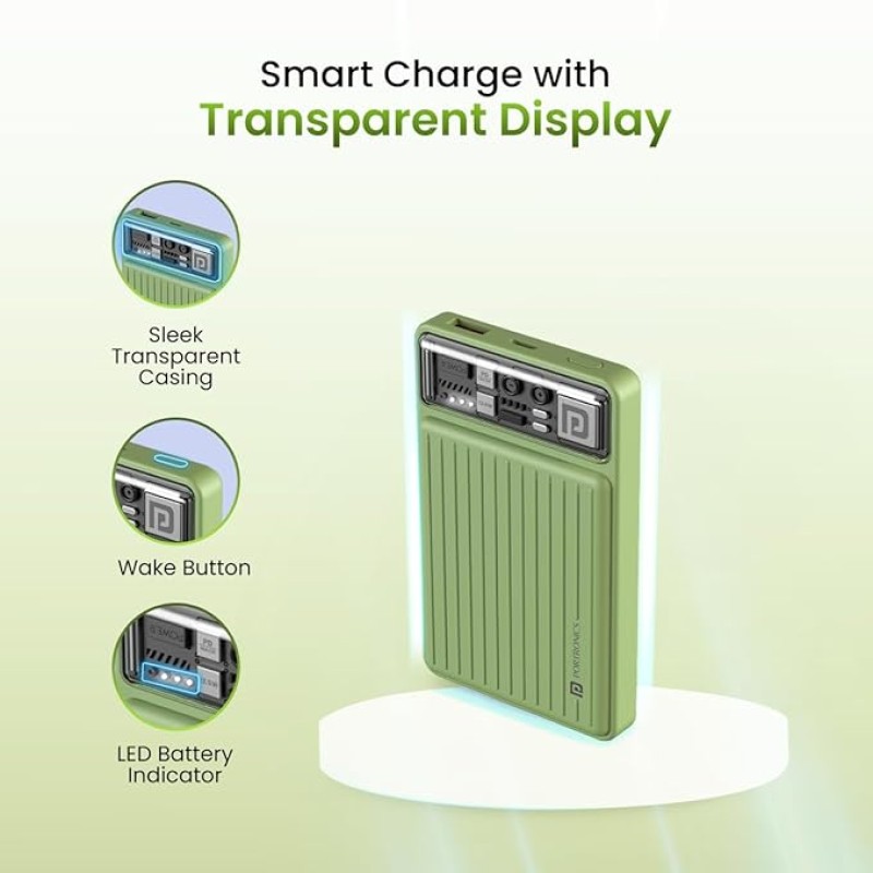 Portronics Luxcell Mini 10K Advanced 10000 mAh Nano Power Bank with 22.5W Max Output, LED Indicator, Mach USB-A Output, Type C PD Output, Type C Input, Wake Up Button(Green) Portronics Luxcell Mini 10K Advanced 10000 mAh Nano Power Bank with 22.5W Max Output, LED Indicator, Mach USB-A Output, Type C PD Output, Type C Input, Wake Up Button(Green)