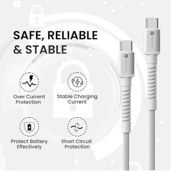 Portronics Konnect X 60W Type C to Type C Unbreakable Nylon Braided Cable, 1M Fast Charging Cable for iPhone 15 series, iPad, Samsung Galaxy & other Type C Devices(White) Portronics Konnect X 60W Type C to Type C Unbreakable Nylon Braided Cable, 1M Fast Charging Cable for iPhone 15 series, iPad, Samsung Galaxy & other Type C Devices(White)