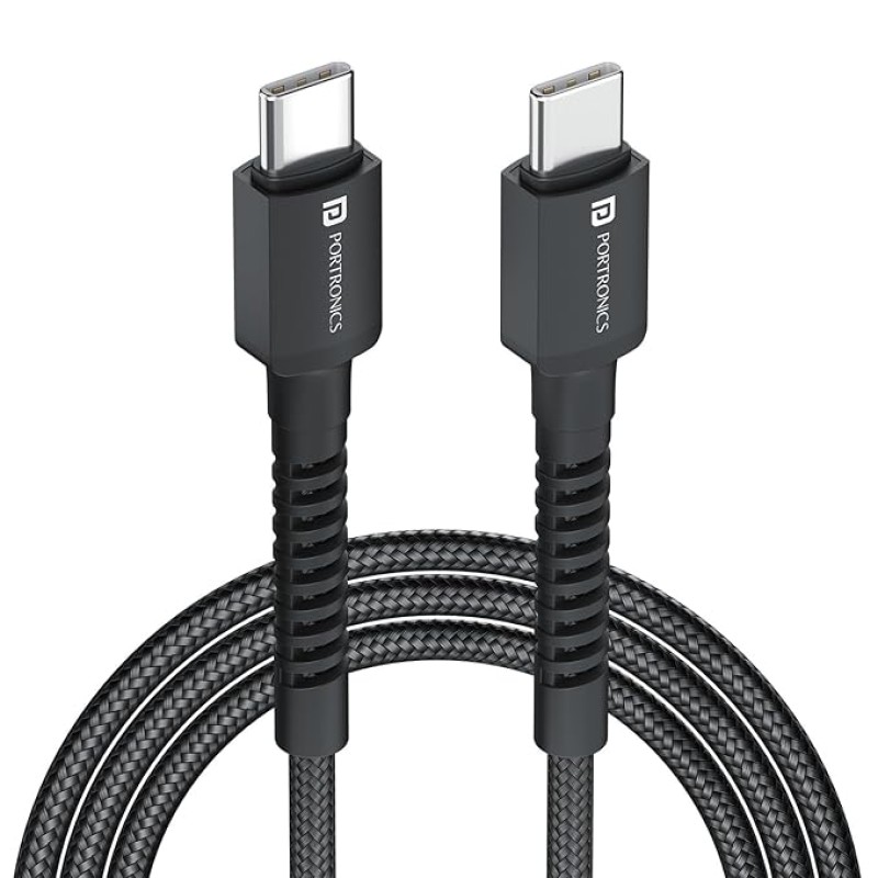 Portronics Konnect X 60W Type C to Type C Unbreakable Nylon Braided Cable, 2M Fast Charging Cable for iPhone 15 series, iPad, Samsung Galaxy & other Type C Devices(Black) Portronics Konnect X 60W Type C to Type C Unbreakable Nylon Braided Cable, 2M Fast Charging Cable for iPhone 15 series, iPad, Samsung Galaxy & other Type C Devices(Black)