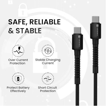 Portronics Konnect X 60W Type C to Type C Unbreakable Nylon Braided Cable, 2M Fast Charging Cable for iPhone 15 series, iPad, Samsung Galaxy & other Type C Devices(Black) Portronics Konnect X 60W Type C to Type C Unbreakable Nylon Braided Cable, 2M Fast Charging Cable for iPhone 15 series, iPad, Samsung Galaxy & other Type C Devices(Black)