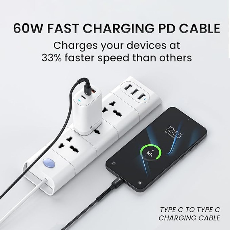 Portronics Konnect X 60W Type C to Type C Unbreakable Nylon Braided Cable, 2M Fast Charging Cable for iPhone 15 series, iPad, Samsung Galaxy & other Type C Devices(Black) Portronics Konnect X 60W Type C to Type C Unbreakable Nylon Braided Cable, 2M Fast Charging Cable for iPhone 15 series, iPad, Samsung Galaxy & other Type C Devices(Black)