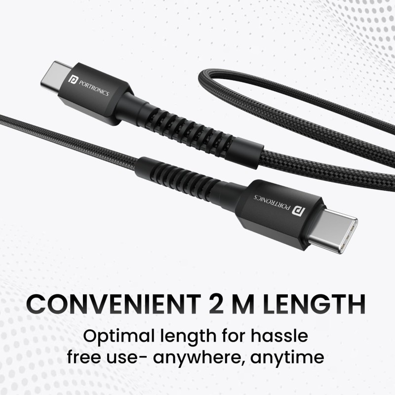 Portronics Konnect X 60W Type C to Type C Unbreakable Nylon Braided Cable, 2M Fast Charging Cable for iPhone 15 series, iPad, Samsung Galaxy & other Type C Devices(Black) Portronics Konnect X 60W Type C to Type C Unbreakable Nylon Braided Cable, 2M Fast Charging Cable for iPhone 15 series, iPad, Samsung Galaxy & other Type C Devices(Black)