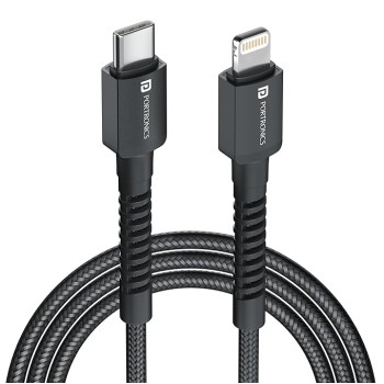 Portronics Konnect X 27W Type C to 8 Pin Fast Charging Strong Braided Cable, Metal Heads, 1M Length, Supports all 8 Pin & Lightning Devices (Black)