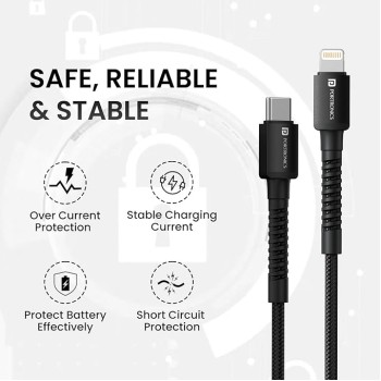 Portronics Konnect X 27W Type C to 8 Pin Fast Charging Strong Braided Cable, Metal Heads, 1M Length, Supports all 8 Pin & Lightning Devices (Black) Portronics Konnect X 27W Type C to 8 Pin Fast Charging Strong Braided Cable, Metal Heads, 1M Length, Supports all 8 Pin & Lightning Devices (Black)