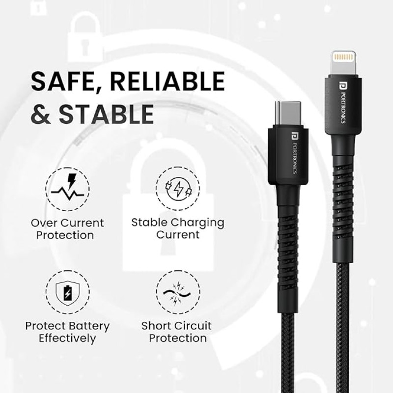 Portronics Konnect X 27W Type C to 8 Pin Fast Charging Strong Braided Cable, Metal Heads, 1M Length, Supports all 8 Pin & Lightning Devices (Black)