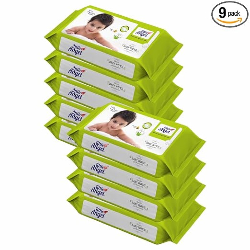 Little Angel Super Soft Cleansing Baby Wipes, 648 Count, Enriched with Aloe vera & Vitamin E, pH Balanced, Dermatologically Tested & Alcohol-free, Pack of 9, 72 count/pack Little Angel Super Soft Cleansing Baby Wipes, 648 Count, Enriched with Aloe vera & Vitamin E, pH Balanced, Dermatologically Tested & Alcohol-free, Pack of 9, 72 count/pack