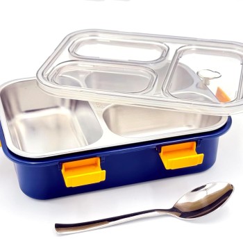 Darkpyro 3 Compartment Stainless Steel Lunch Box, Leakage Proof Lunch Box For School Kids And Adults Pack Of 1 Blue,750ML