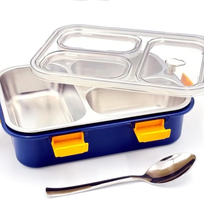 Darkpyro 3 Compartment Stainless Steel Lunch Box, Leakage Proof Lunch Box For School Kids And Adults Pack Of 1 Blue,750ML