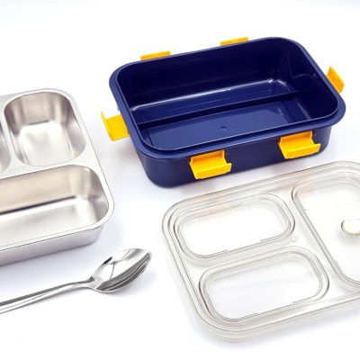 Darkpyro 3 Compartment Stainless Steel Lunch Box, Leakage Proof Lunch Box For School Kids And Adults Pack Of 1 Blue,750ML