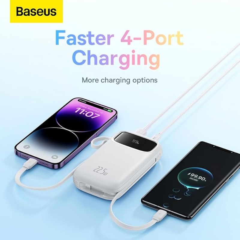 Baseus Qpow2 Dual-Cable Digital Display Fast Charge Power Bank 10000mAh 22.5W Cluster Black(with: Simple Charging Cable Type-C 3A 0.3m Black) (White,