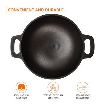 Cast Iron Pre Seasoned Pan Cast Iron Deep Kadhai, 10 Inches (25 cm), Black, 100% Toxin-Free, Naturally Non-Stick, Long Lasting.