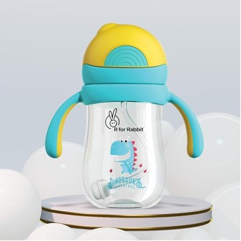 R for Rabbit Tritan Dino 320ml Baby Straw Sipper for Kids | Twin Handle Non Toxic BPA Free Soft Silicone Straw Sippy Bottle | Leak Proof Drinking Sippy Cup for 12+ Months Babies (Yellow Blue)