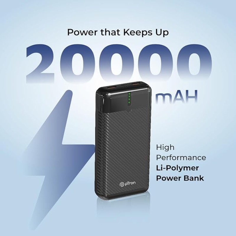 pTron Dynamo Surge 20000mAh 22.5W Fast Charging Power Bank, Supports VOOC/Wrap/Dash USB Charging, USB Type-C Input, 20W PD Fast Charging, 3 Outputs, 1 Input & Multiple Layers of Protection (Black) pTron Dynamo Surge 20000mAh 22.5W Fast Charging Power Bank, Supports VOOC/Wrap/Dash USB Charging, USB Type-C Input, 20W PD Fast Charging, 3 Outputs, 1 Input & Multiple Layers of Protection (Black)
