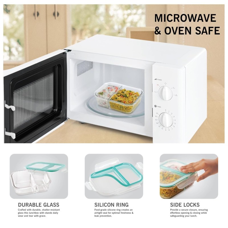 ATTRO Glassox Lunch Box with Two Compartment & Locking Lid Borosilicate Glass Container Microwave & Freezer Safe Air-Tight Leak-Proof 980Ml, Transparent ATTRO Glassox Lunch Box with Two Compartment & Locking Lid Borosilicate Glass Container Microwave & Freezer Safe Air-Tight Leak-Proof 980Ml, Transparent
