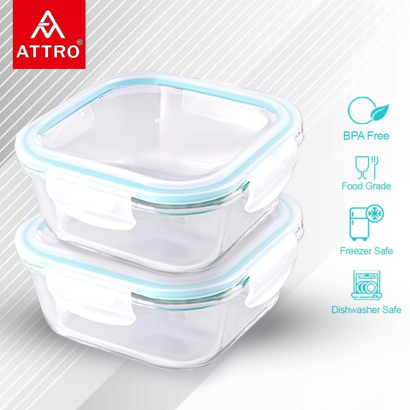 Attro Glassox Classic Square Lunch Box with Locking Lid Borosilicate Glass Lunch Box Fridge Organizer Food Storage Container Microwave & Freezer Safe Set of 2 310ml Attro Glassox Classic Square Lunch Box with Locking Lid Borosilicate Glass Lunch Box Fridge Organizer Food Storage Container Microwave & Freezer Safe Set of 2 310ml