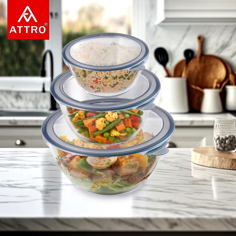 Attro Glassox Classic Mixing Bowl with lid Borosilicate Glass Bowl Microwave & Oven Safe Set of 3 500ml, 1000ml, 1600ml Attro Glassox Classic Mixing Bowl with lid Borosilicate Glass Bowl Microwave & Oven Safe Set of 3 500ml, 1000ml, 1600ml