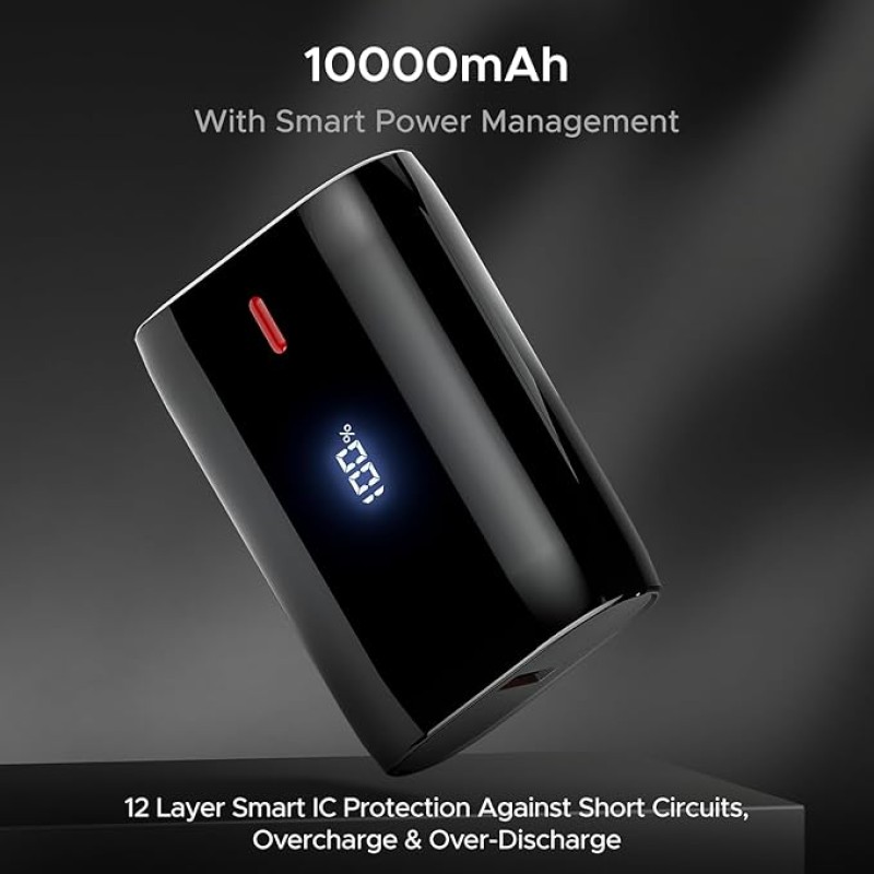 boAt Energyshroom PB300 Air 10000 Mah 22.5W USB Type C Pocket Size Power Bank with Compact & Lightweight Design,LED Battery Display,12 Layer Smart IC Protection & Smart Power Management(Carbon Black) boAt Energyshroom PB300 Air 10000 Mah 22.5W USB Type C Pocket Size Power Bank with Compact & Lightweight Design,LED Battery Display,12 Layer Smart IC Protection & Smart Power Management(Carbon Black)