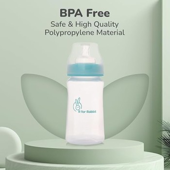 R for Rabbit First Feed 250 ml Baby Feeding PP Bottle with Anti-Colic Wide Neck, BPA Free Soft Silicone Nipple, Milk Feeder for New Born/Infants/Toddler Kids of 6+ Months (Lake Blue)