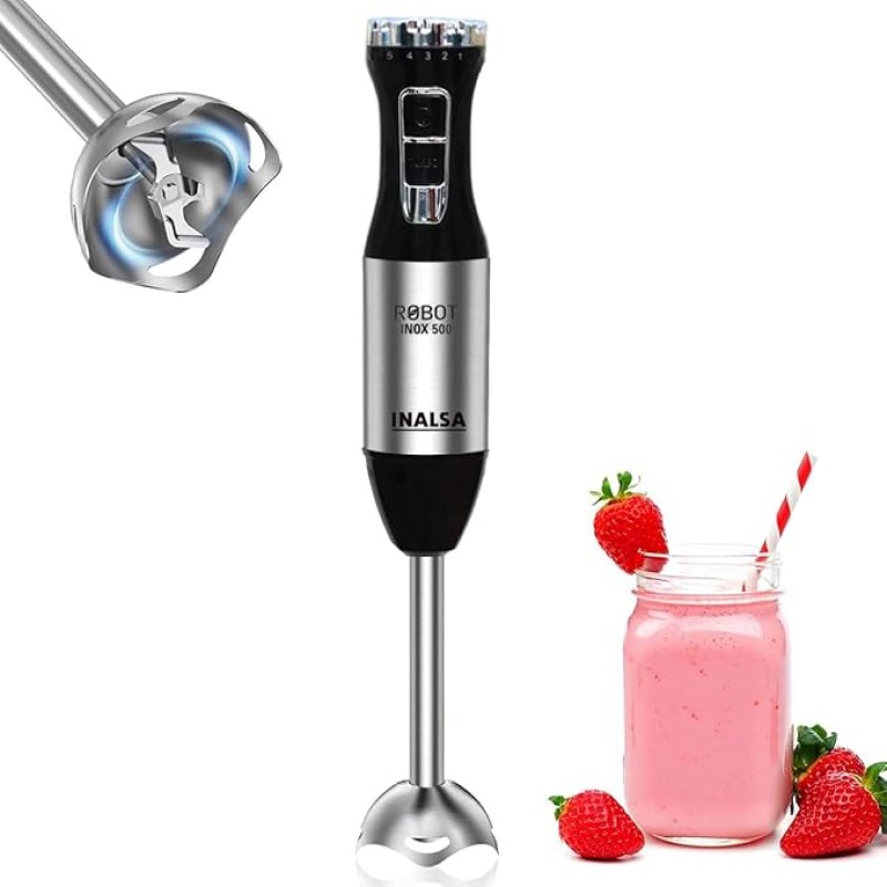 INALSA Electric Hand Blender with 500W Powerful DC Motor|Variable & Turbo Speed|Super Silent|Ultra Sharp SS Blade & Detachable Stem|2Yr Warranty|Blender for smoothie and juices,Whip,Chop-RobotInox500 INALSA Electric Hand Blender with 500W Powerful DC Motor|Variable & Turbo Speed|Super Silent|Ultra Sharp SS Blade & Detachable Stem|2Yr Warranty|Blender for smoothie and juices,Whip,Chop-RobotInox500