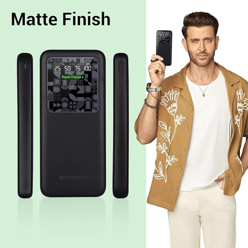 ZEBRONICS MB10000S15 Power Bank, 10000 mAh, Rapid Charge, 22.5W Output, Dual USB Output, PD 3.0 Type C, Built in Protections, Percentage Indicator, Made in India, Black ZEBRONICS MB10000S15 Power Bank, 10000 mAh, Rapid Charge, 22.5W Output, Dual USB Output, PD 3.0 Type C, Built in Protections, Percentage Indicator, Made in India, Black