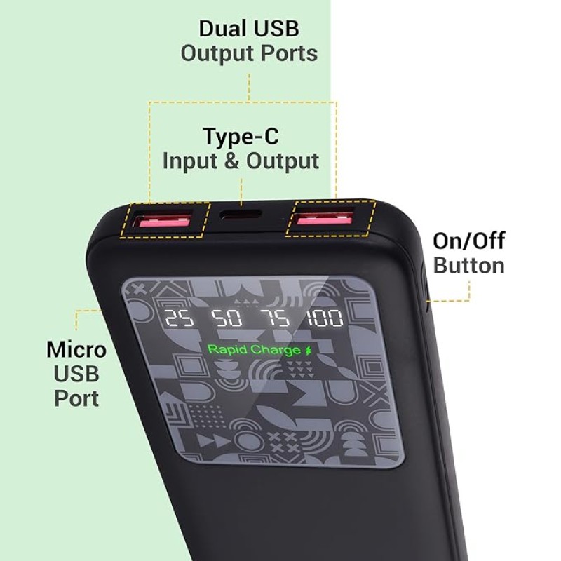 ZEBRONICS MB10000S15 Power Bank, 10000 mAh, Rapid Charge, 22.5W Output, Dual USB Output, PD 3.0 Type C, Built in Protections, Percentage Indicator, Made in India, Black ZEBRONICS MB10000S15 Power Bank, 10000 mAh, Rapid Charge, 22.5W Output, Dual USB Output, PD 3.0 Type C, Built in Protections, Percentage Indicator, Made in India, Black