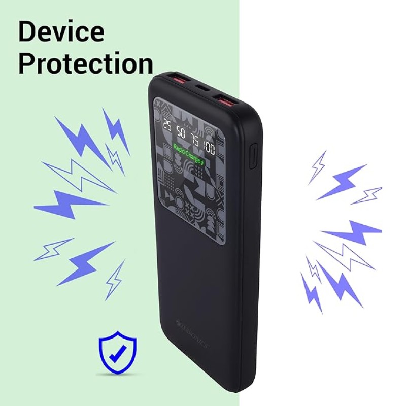 ZEBRONICS MB10000S15 Power Bank, 10000 mAh, Rapid Charge, 22.5W Output, Dual USB Output, PD 3.0 Type C, Built in Protections, Percentage Indicator, Made in India, Black ZEBRONICS MB10000S15 Power Bank, 10000 mAh, Rapid Charge, 22.5W Output, Dual USB Output, PD 3.0 Type C, Built in Protections, Percentage Indicator, Made in India, Black