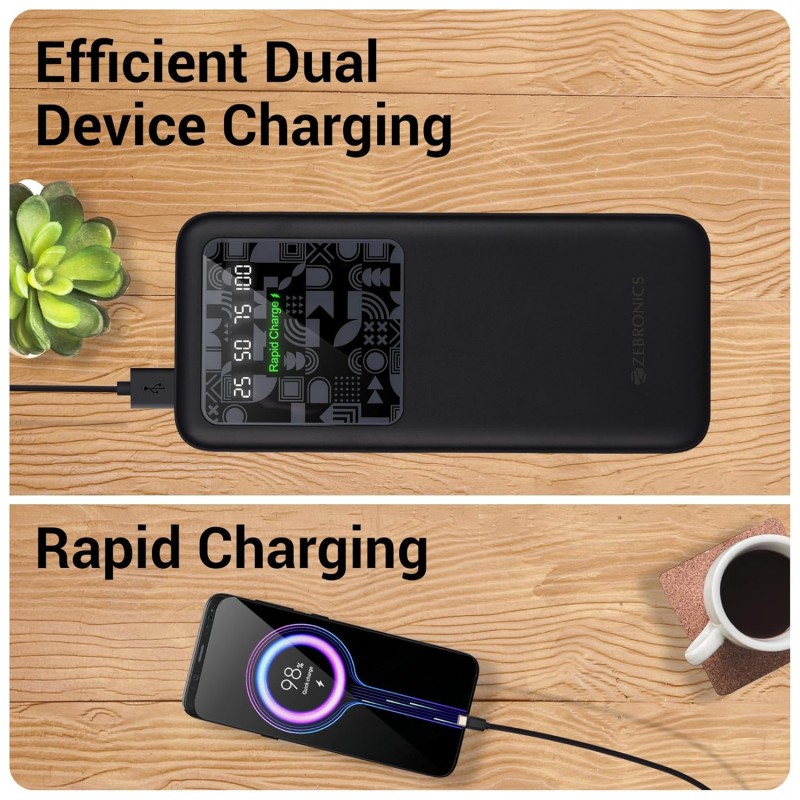 ZEBRONICS MB10000S15 Power Bank, 10000 mAh, Rapid Charge, 22.5W Output, Dual USB Output, PD 3.0 Type C, Built in Protections, Percentage Indicator, Made in India, Black ZEBRONICS MB10000S15 Power Bank, 10000 mAh, Rapid Charge, 22.5W Output, Dual USB Output, PD 3.0 Type C, Built in Protections, Percentage Indicator, Made in India, Black